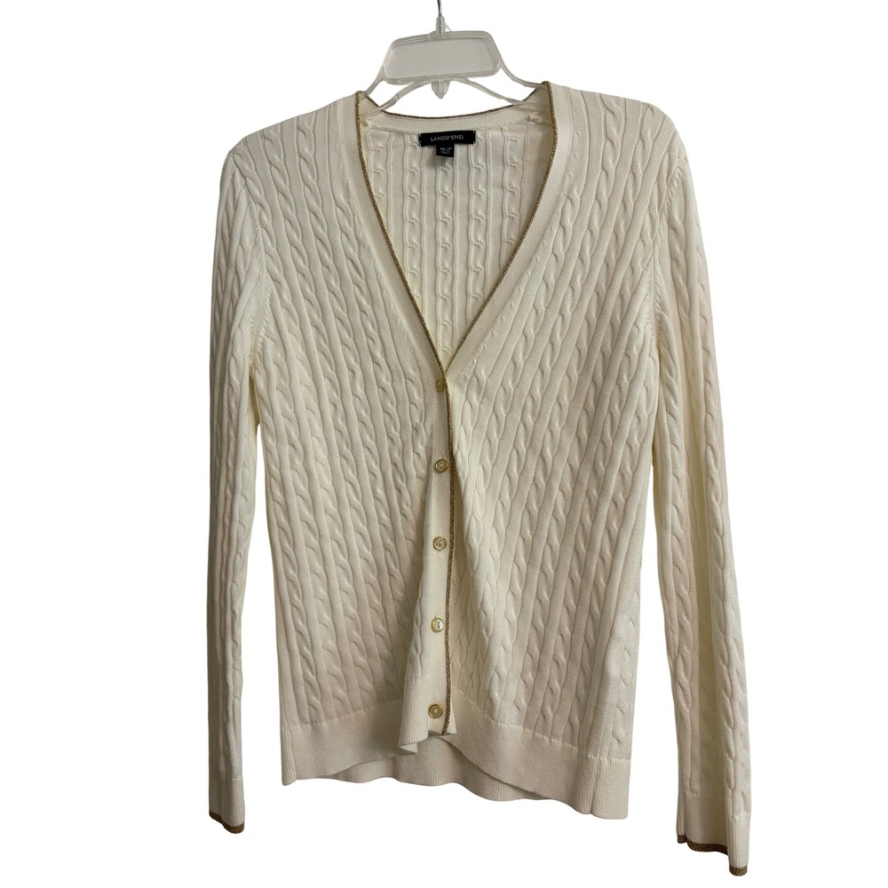 Lands End Cardigan Petite Medium Ivory White Gold Trim Preppy Cable Knit Sweater